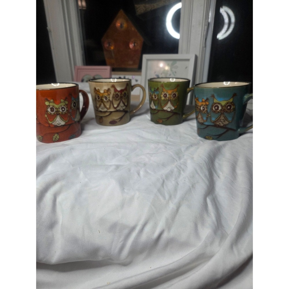 Set of 4 Owl Coffee Mugs Ceramic Earth Tones Orange Green Teal Beige 4in Tall